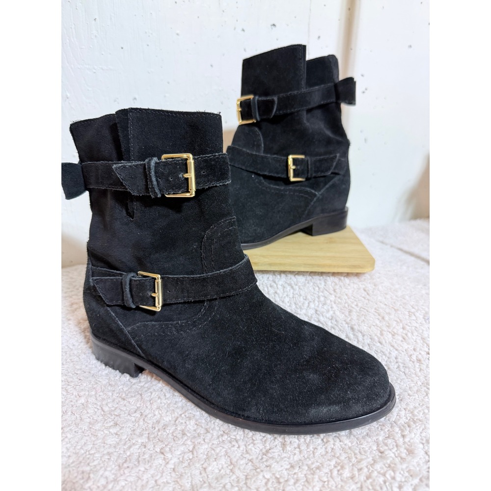 Kate Spade New York Black Suede Moto Bow Ankle Boots Gold Buckle Detail 8.5